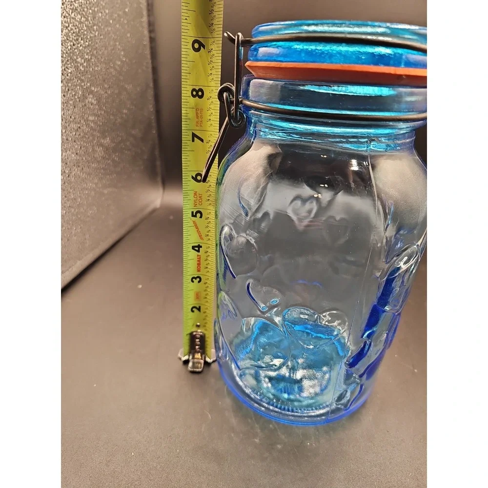 Vintage Blue Glass Storage Jar Hearts Crownford Giftware Corp  9in Tall  002
